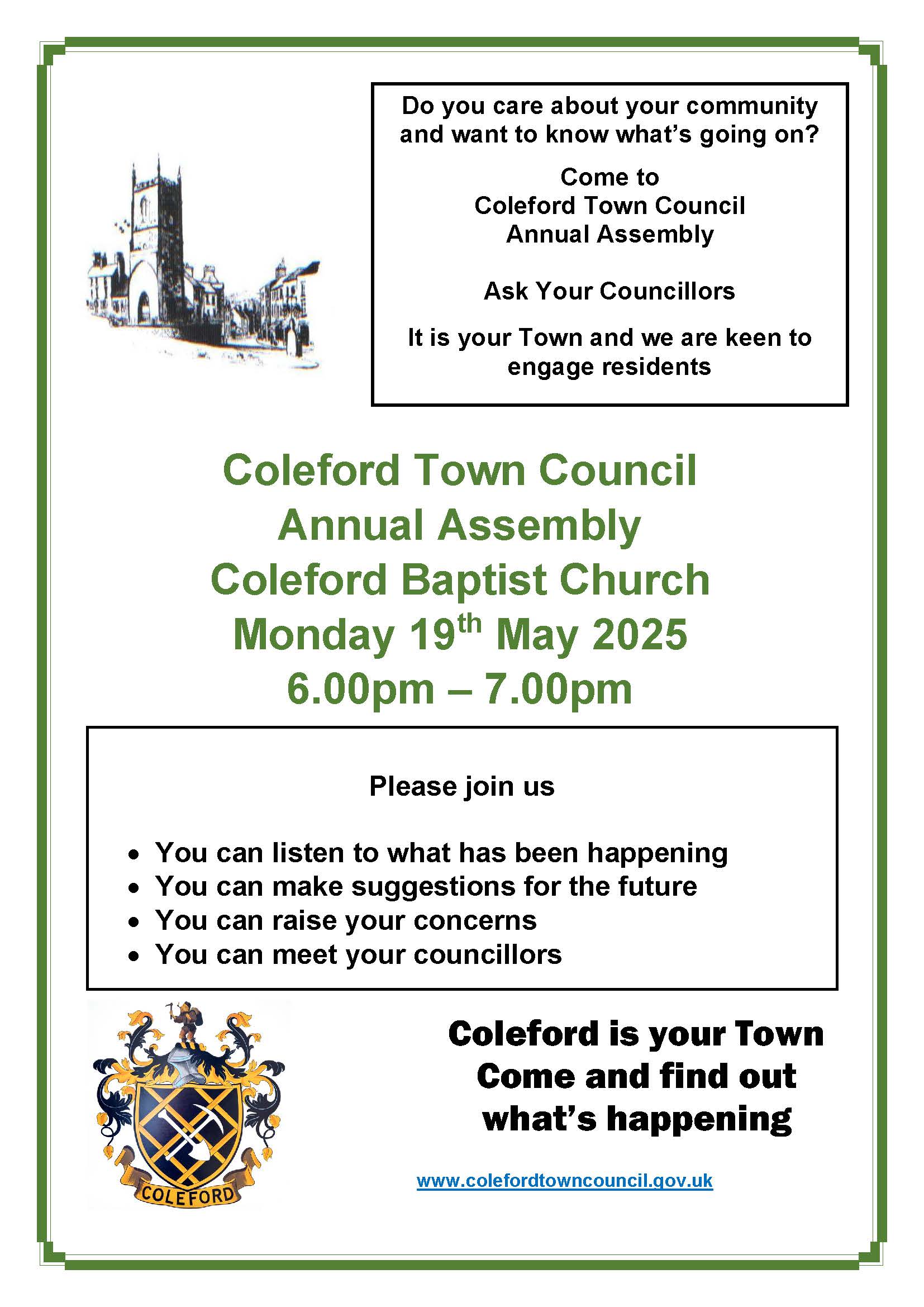Coleford Town Council Annual Assembly at Coleford Baptist Church. Monday 19th May 6-7pm